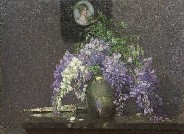 Jan Bogaerts | Stilleben mit Glyzinien und Miniaturporträt, Öl auf Leinwand, 40,3 x 55,1 cm, Unterzeichnet u.l. und datiert 1917