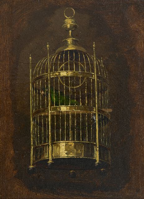 Hendrik Savrij | Der Papageienkäfig, Öl auf Leinwand auf Holz, 22,1 x 16,1 cm, Unterzeichnet u.r.