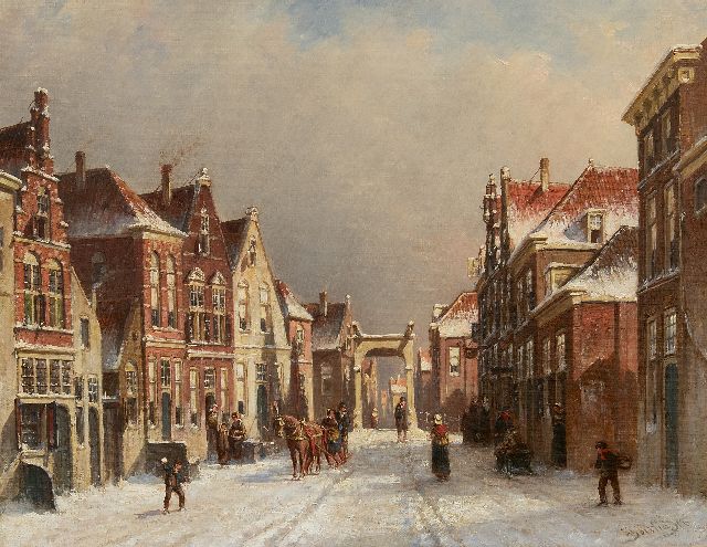 Petrus Gerardus Vertin | Beschneite Strasse mit Fallbrücke (vielleicht Edam), Öl auf Leinwand, 36,3 x 45,5 cm, Unterzeichnet r.u. und datiert '86
