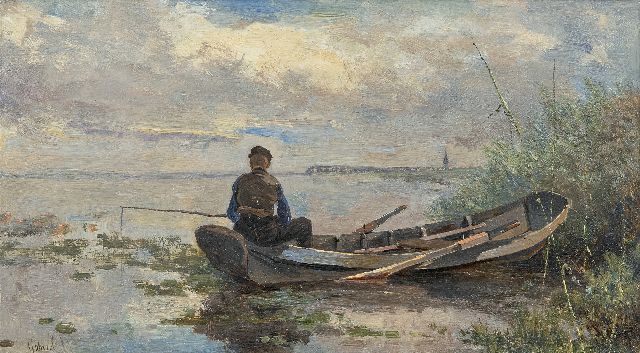 Constan Gabriel | Polderlandschaft mit Angler in einem Boot, Öl auf Holz, 18,9 x 32,7 cm, Unterzeichnet u.l.