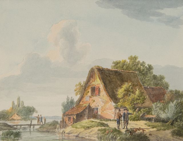 Barend Cornelis Koekkoek | Figuren bei einem Bauernhaus am Fluss, Aquarell auf Papier, 14,7 x 19,4 cm, Unterzeichnet u.r.