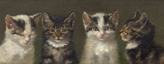Anna Maria Kruijff | Vier Katzen, Öl auf Holz, 14,7 x 36,3 cm, Unterzeichnet u.r.