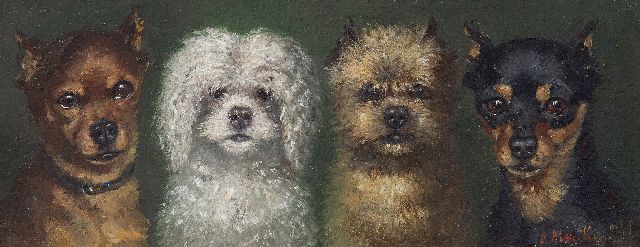 Anna Maria Kruijff | Vier kleine Hunde, Öl auf Holz, 14,6 x 36,0 cm, Unterzeichnet u.r.