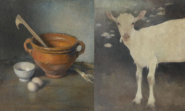 Jemmy van Hoboken | Eine junge Ziege; Stilleben mit irdenem Topf, Öl auf Holz, 50,2 x 42,7 cm, Unterzeichnet u.r. und datiert '42