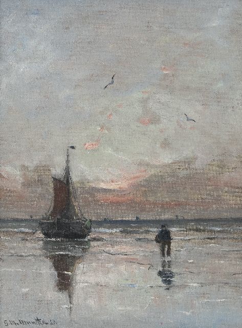 Munthe G.A.L.  | 'Bomschiff' vor Anker bei Sonnenuntergang, Öl auf Leinwand 40,4 x 30,2 cm, Unterzeichnet u.l. und datiert '21