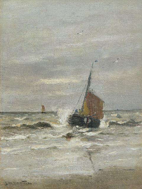 Munthe G.A.L.  | Rückkehr vom 'KW9' am Strand von Katwijk, Öl auf Leinwand 40,4 x 30,8 cm, Unterzeichnet u.l.