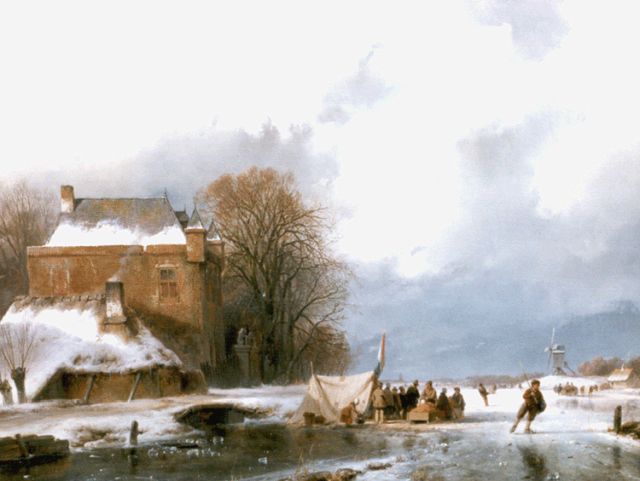 Andreas Schelfhout | Eisvergnügen und 'koek en zopie' Bude auf zugefrorenem Fluß, Öl auf Holz, 39,6 x 49,1 cm, Unterzeichnet u.l.