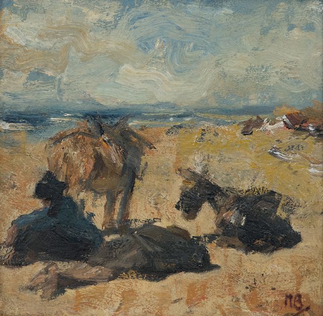 Marius Bauer | Ruhende Esel auf dem Strand, Öl auf Holz, 18,5 x 18,6 cm, Unterzeichnet u.r. mit Initialen