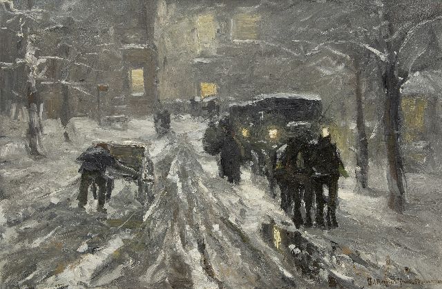 Morgenstjerne Munthe | Pferde mit Kutschen im Schnee am Abend, Öl auf Leinwand, 66,3 x 100,7 cm, Unterzeichnet u.r.
