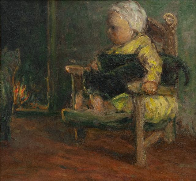 Bernard Blommers | Kind in einem Stuhl bei Katze, Öl auf Leinwand, 26,2 x 28,1 cm