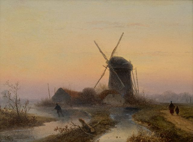 John Franciscus Hoppenbrouwers | Windmühle am zugefrorenen Kanal, Öl auf Holz, 24,0 x 32,1 cm, Unterzeichnet u.l.