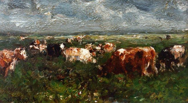 Willem Roelofs | A landscape with cows grazing, Öl auf Tafel, 7,5 x 12,4 cm, signed l.l.