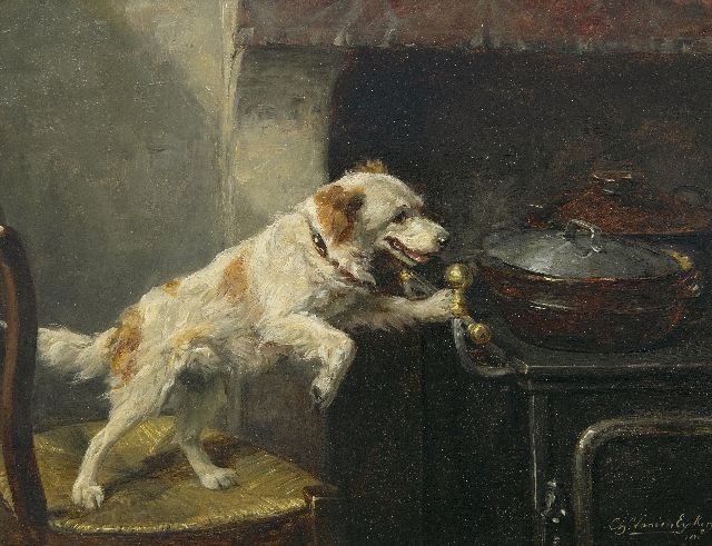 Eycken Ch. van den | Allein in der Küche, Öl auf Holz 21,4 x 27,8 cm, Unterzeichnet u.r. und datiert 1880 und im Verso 6.3.80