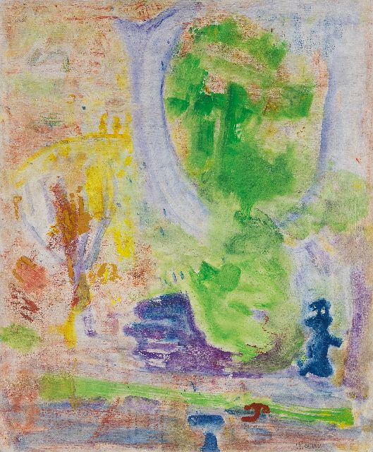 Job Hansen | Kastanienbaum und Dame, Benzinrell auf Tafel, 60,7 x 50,6 cm, Unterzeichnet im Verso und datiert 1. Mei 1950