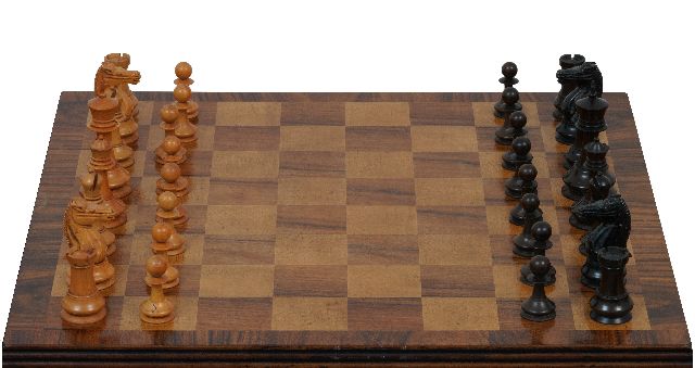 Schaakset, opbergdoos | A Staunton pattern boxwood and ebony chess set, together with a mahogany box, Palm- und Ebenholz, 8,7 x 4,5 cm, late 19th century