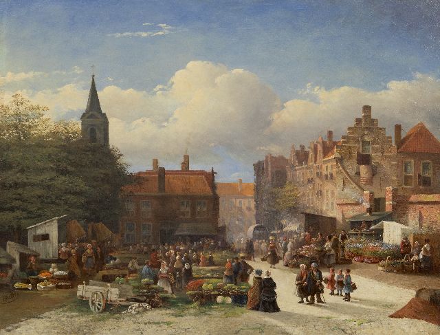 Joseph Bles | Aussicht auf den Gemüse- und Blumenmarkt in eine alte holländische Stadt, Öl auf Holz, 45,3 x 58,8 cm, Unterzeichnet u.l. und datiert '51