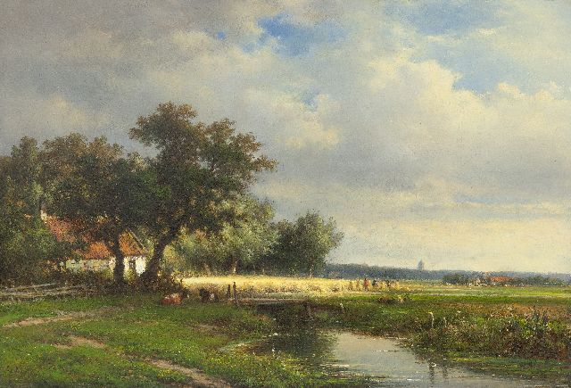 Lodewijk Johannes Kleijn | Sommerlandschaft mit Figuren in einem Getreidefeld, Öl auf Holz, 34,3 x 49,9 cm, Unterzeichnet u.l.