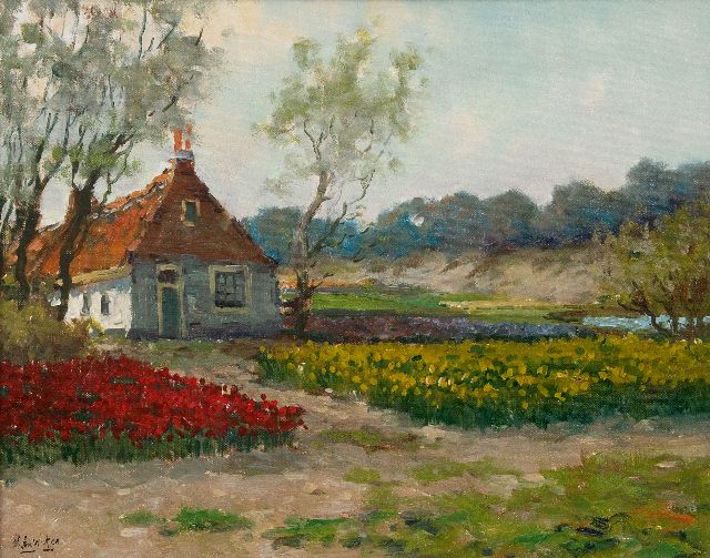 Winter L. de | Bauernhof  mit Blumenzwiebelnfelder hinter den Dünen, Öl auf Leinwand 39,8 x 50,1 cm, Unterzeichnet u.l.