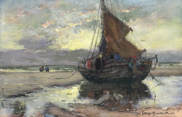 Morgenstjerne Munthe | 'Bomschiff' auf dem Strand, Aquarell und Gouache auf Papier, 32,3 x 49,5 cm, Unterzeichnet u.r. und datiert 1912