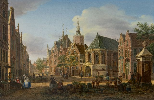 Paulus Constantijn la Fargue | Blick auf den Groenmarkt in Den Haag, Öl auf Holz, 22,7 x 34,5 cm, Unterzeichnet u.r. und zu datieren um 1770