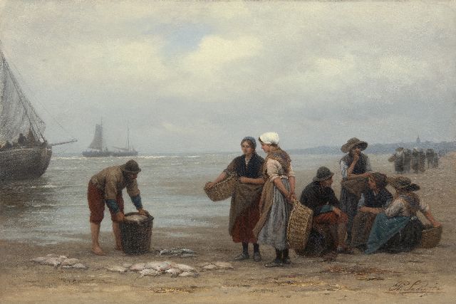 Philip Sadée | Fisch Verkauf am Strand von Scheveningen, Öl auf Leinwand, 49,9 x 75,0 cm, Unterzeichnet u.r.