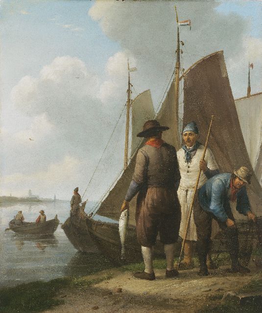 Koekkoek J.H.  | Fischer bei angelegten 'Bottern', Öl auf Holz 36,4 x 30,6 cm, Unterzeichnet u.r. und zu datieren um 1834