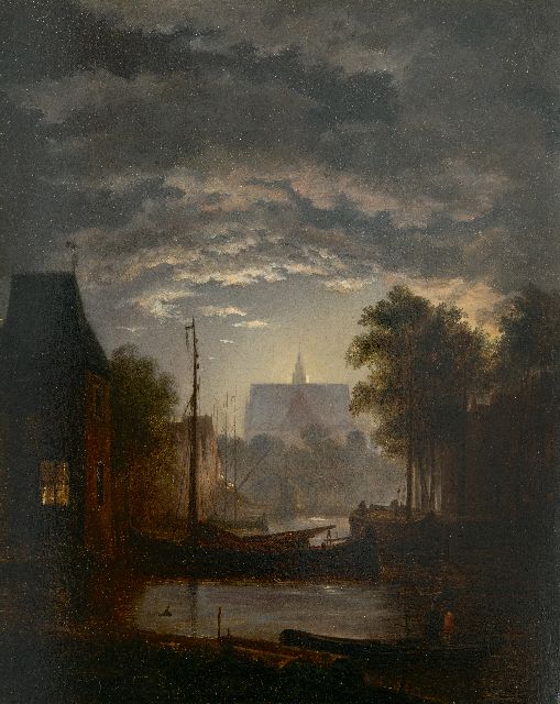 Jacob Abels | Kleiner Stadthafen im Mondlicht, Öl auf Tafel, 29,7 x 23,6 cm