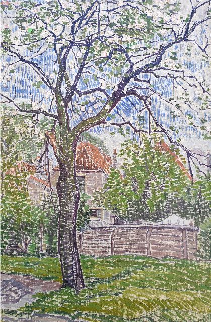 Edith Pijpers | Garten mit blühender Apfelbaum, Öl auf Leinwand, 54,7 x 36,8 cm