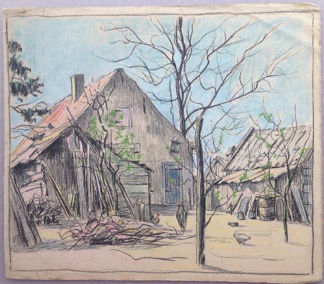 Pijpers E.E.  | Scheunenhof im Winter, Kreide auf Papier 31,7 x 36,4 cm