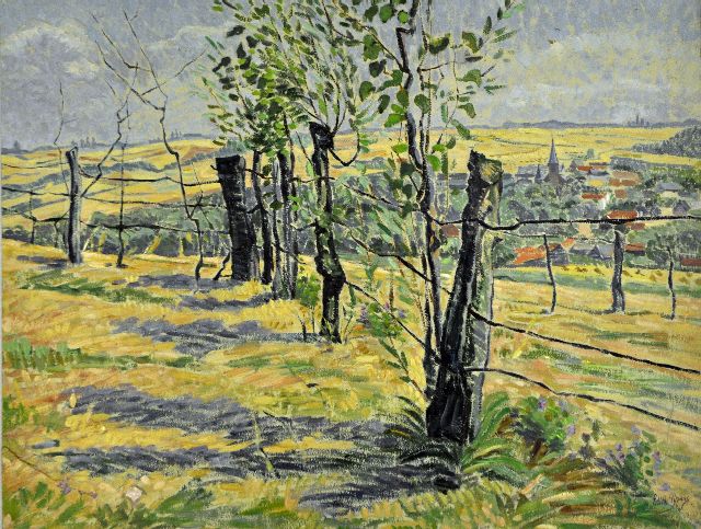 Edith Pijpers | Hügellandschaft mit Dorf in der Ferne, Öl auf Papier, 37,1 x 48,5 cm, Unterzeichnet u.r.