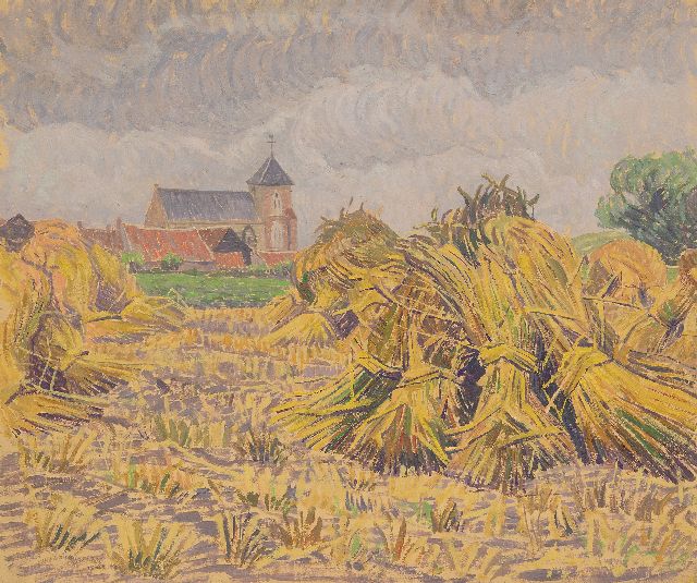 Edith Pijpers | Dorfkirche zwischen Feld mit Garben Mais, Öl auf Papier, 38,1 x 48,5 cm