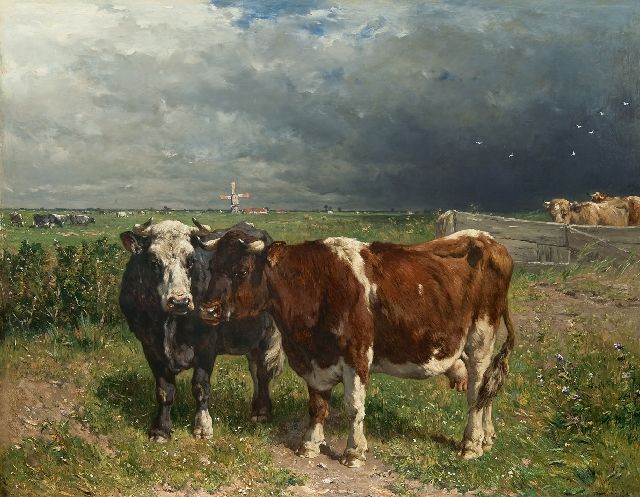 Haas J.H.L. de | Holländische Landschaft mit Vieh, Öl auf Holz 79,8 x 100,0 cm, Unterzeichnet u.r.