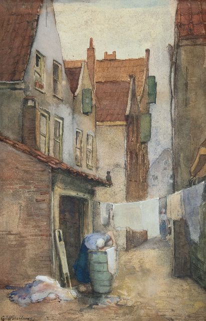 George Hendrik Breitner | Rotterdamer Gasse mit Waschfrau, Aquarell auf Papier, 39,1 x 25,7 cm, Unterzeichnet u.l. und datiert '80