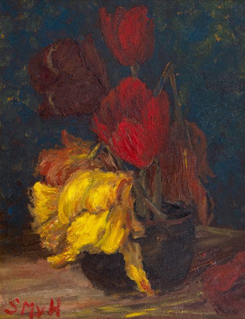 Sientje Mesdag-van Houten | Tulpe in einer Vase, Öl auf Holz, 36,1 x 27,3 cm, Unterzeichnet u.l. mit Initialen