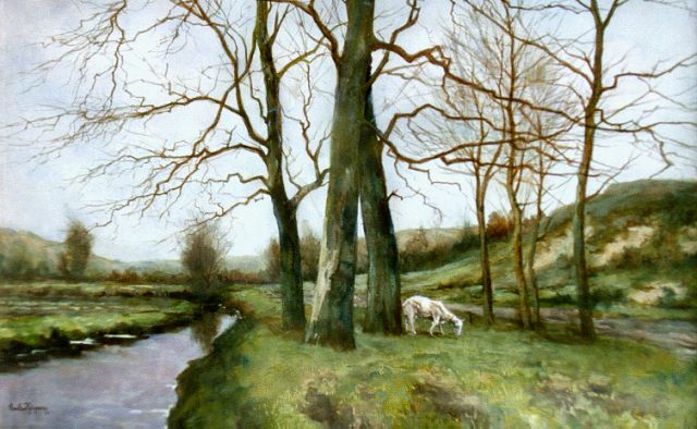 Rhijnnen J. van | A landscape with goat, Aquarell auf Papier 34,0 x 53,0 cm, signed l.l.