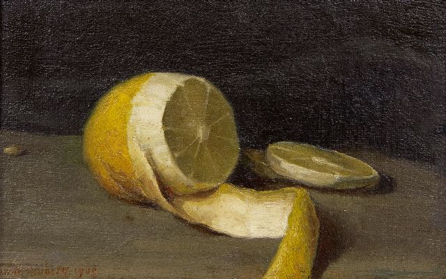 Jan Wittenberg | Stilleben mit einer Zitrone, Öl auf Leinwand  auf Holzfaser, 11,5 x 18,0 cm, Unterzeichnet u.l. und datiert 1909