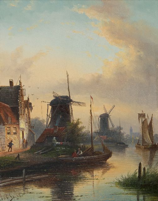 Jacob Jan Coenraad Spohler | Sommerliche Flussansicht mit Mühlen, Öl auf Leinwand, 44,5 x 35,5 cm, Unterzeichnet u.l.
