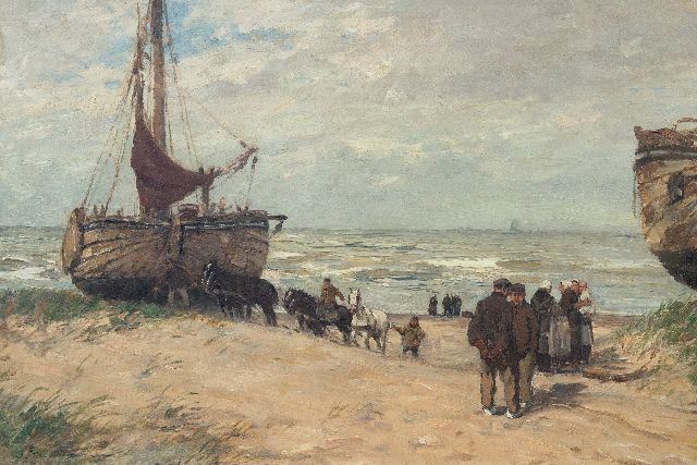 Hambüchen W.  | 'Bomschiffe' und Fischer am Katwijker Strand, Öl auf Leinwand 50,0 x 75,0 cm, Unterzeichnet u.l.