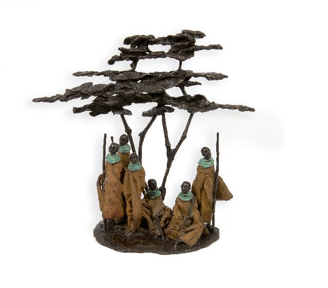 Marianne Houtkamp | Masai unter einem Flammenbaum, Bronze, 40,0 cm, gesigneerd op basis met monogram