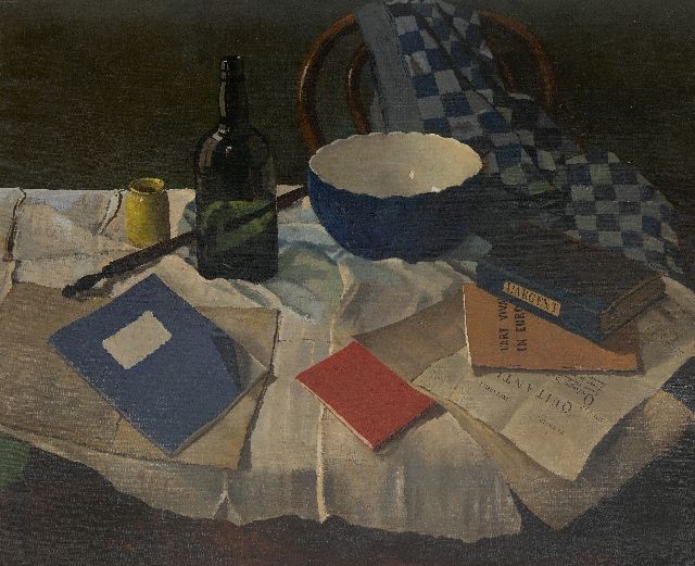 Lucas Verkoren | Stilleben mit Flasche, Schüssel und Büchern, Öl auf Leinwand, 75,7 x 91,5 cm, Unterzeichnet Mitte rechts und datiert 1955