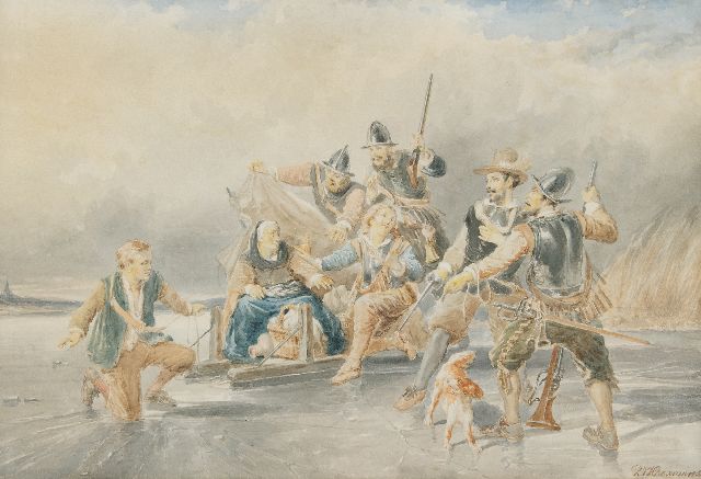 Pieter Alardus Haaxman | Die Mutter von Lambert Melisz entkommt im Achtzigjährigen Krieg, Aquarell auf Papier, 33,7 x 50,8 cm, Unterzeichnet u.r. und datiert '66