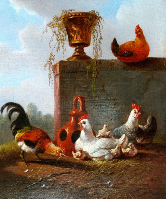 Verhoesen A.  | Poultry in a classical landscape, Öl auf Holz 12,1 x 10,2 cm, signed l.r. und dated 1857