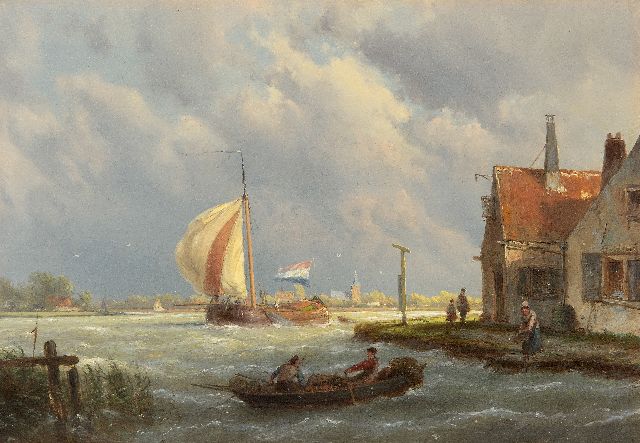 Hermanus Koekkoek | Tjalk auf einem Fluss in einer steifen Brise, Öl auf Tafel, 22,1 x 32,0 cm, Unterzeichnet Mitte rechts auf den Haus