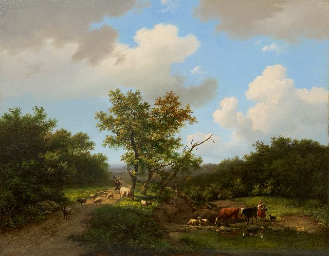 Koekkoek/Verboeckhoven M.A.I/E.J.  | Vieh an der Tränke, Öl auf Holz 44,3 x 56,3 cm, Unterzeichnet u.l. 'M.A. Koekkoek' und datiert 1853