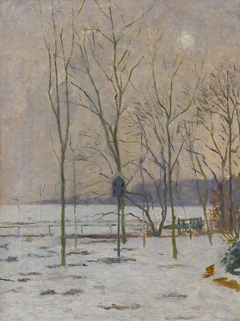 Ferdinand Hart Nibbrig | Winterlicher Garten mit Nistkasten, Öl auf Leinwand, 40,2 x 30,2 cm