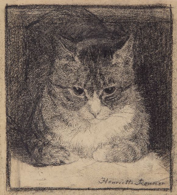 Henriette Ronner | Porträt einer Katze, Holzkohle  auf Papier, 25,2 x 23,5 cm, Unterzeichnet u.r.