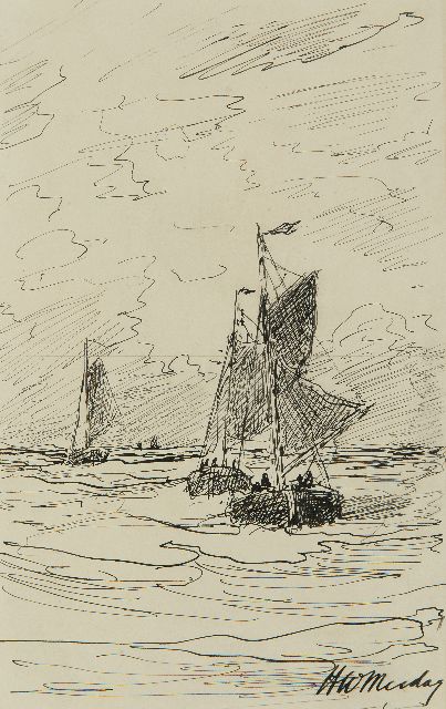 Hendrik Willem Mesdag | Die See mit 'Bomschiffe' in der Ferne, Feder und Tinte auf Papier, 20,7 x 13,0 cm, Unterzeichnet u.r.