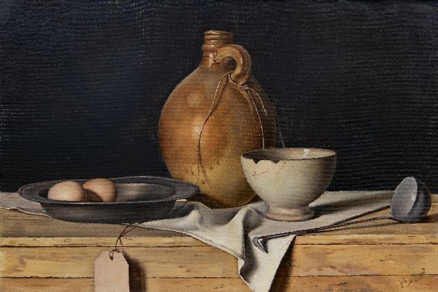 Johan Ponsioen | Stilleben mit Eiern, wesser Schale und irdenem Krug, Öl auf Leinwand, 40,3 x 60,3 cm, Unterzeichnet u.r.
