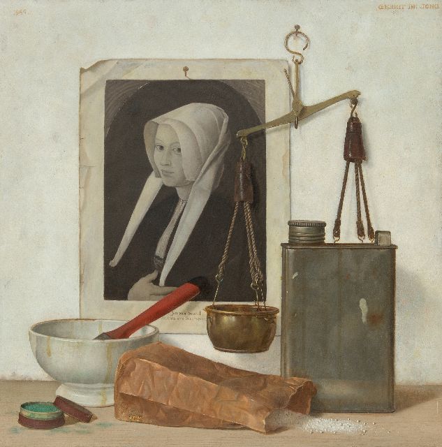 Gerrit de Jong | Stilleben mit weisser Schale und Abbildung eines Gemäldes von Jan van Scorel, Öl auf Leinwand, 50,3 x 50,3 cm, Unterzeichnet o.r. und datiert 1944
