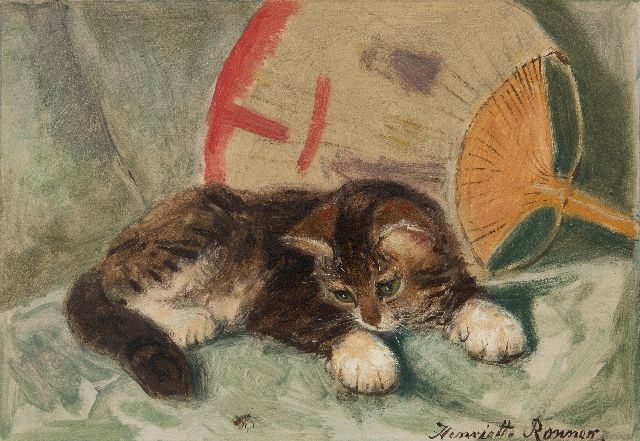 Henriette Ronner | Kätzchen mit einer Fliege, Öl auf Papier auf Holzfaser, 21,8 x 31,2 cm, Unterzeichnet u.r.